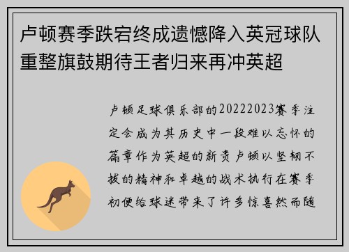 卢顿赛季跌宕终成遗憾降入英冠球队重整旗鼓期待王者归来再冲英超 卢顿赛季跌宕终成遗憾降入英冠球队重整旗鼓期待王者归来再冲英超